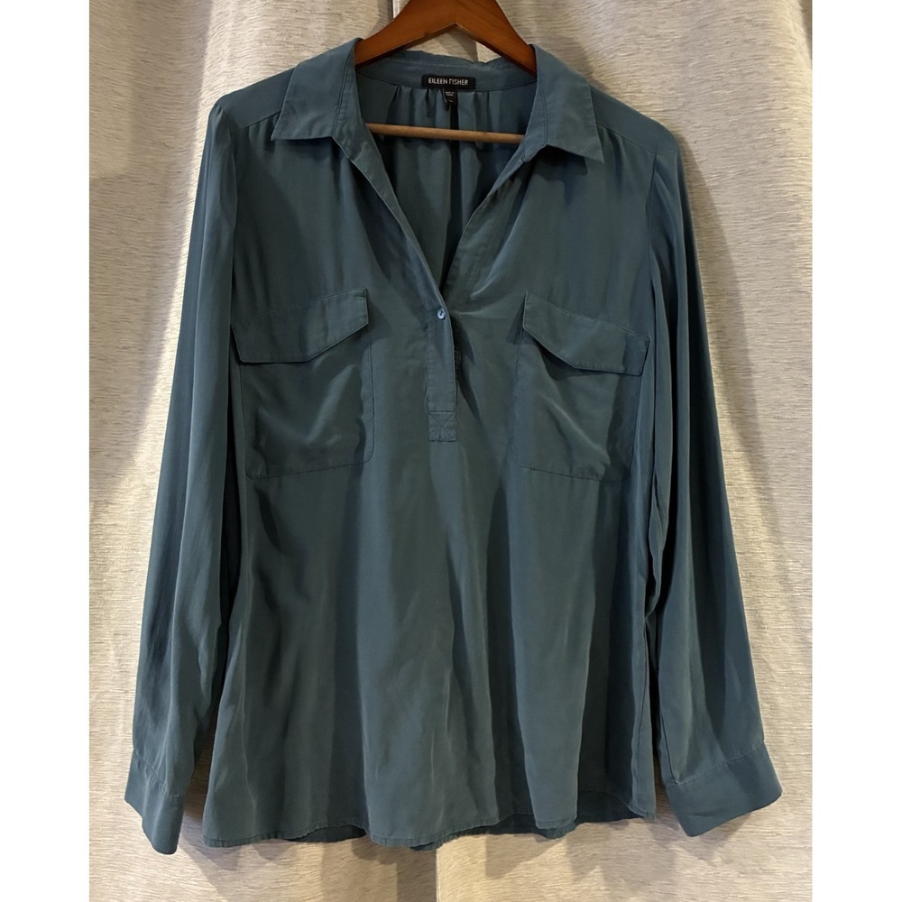 Eileen Fisher 100% Silk Teal V-neck Long Sleeve Tunic Top Size M Luxury